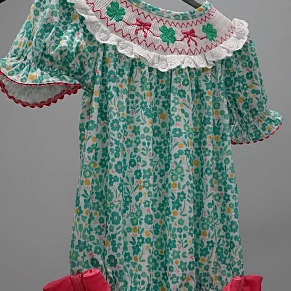 Girls Floral Smocked Bubble Romper in Mint Green + Pink Trim